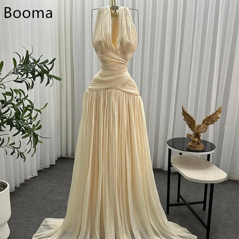 Booma A-라인 플리츠 V 넥 반짝 이는 여성 댄스 파티 공식 가운 여성용 민소매 우아한 이브닝 드레스 맞춤형 2025