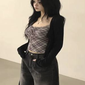 한국 스타일 레이스 긴팔 니트 베스트와 메쉬 이너웨어 세트 여성용 가을 시즌 플래드 패턴 패션 세트