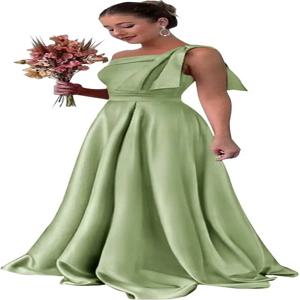 한쪽 어깨에 큰 리본이 달린 플리츠 새틴 주머니가 있는 심플하고 스타일리시한 볼 드레스, 신부 들러리 드레스, 여성 손님용 원숄더 드레스