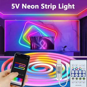 DC5V USB RGBIC 네온 LED 스트립 조명 음악 동기화 블루투스 앱 제어 유연 방수 로프 테이프 게임룸 파티 장식용