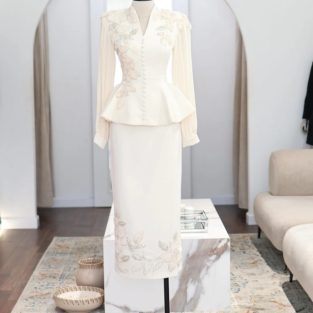 맞춤형 스트레이트 이브닝 드레스 티 길이 브이넥 풀 슬리브 프롬 가운 패션 플라워 버튼 심플 드레이프 파티 가운