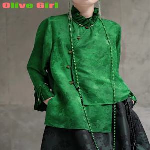 2025 녹색 셔츠 탑 자카드 원단 우아한 고급 페탈 슬리브 중국 전통 의상 여성 블라우스 셔츠