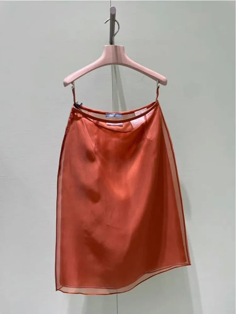 오렌지 레드 홀터넥 레이스업 백 롱 슬리브 미디 드레스 여성용 하이웨이스트 골드 스커트 봄 여름 폴리에스터 섬유