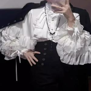 일본 카와이 로리타 여성 블라우스 레트로 랜턴 긴 소매 셔츠 Y2k 미적 레이스 버튼 탑 순색 캐주얼 우아한