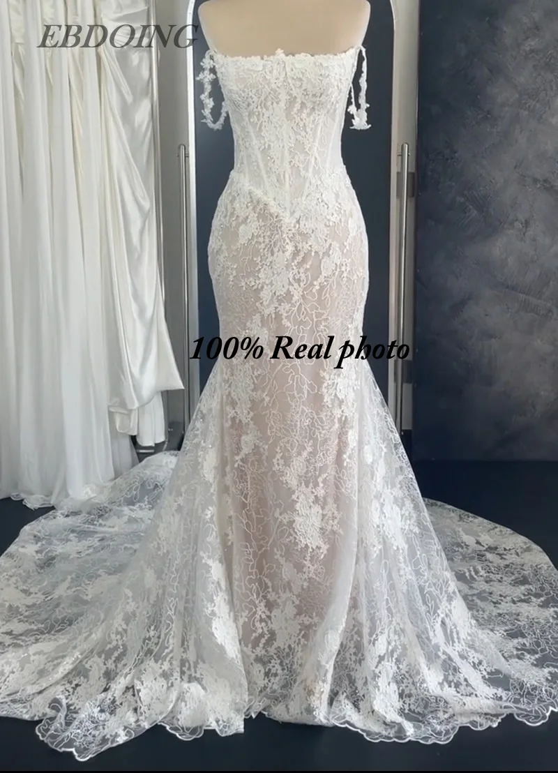 EBDOING 웨딩 드레스 머메이드 레이스 보트넥 네크라인 클래식 바스크 비즈 장식 맞춤형 신부 드레스