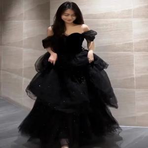 우아한 블랙 이브닝 드레스 (성인 생일, 보컬 아트 시험, 호스트, 무도회, 행사용) 긴팔 없는 원숄더 플로어 기장