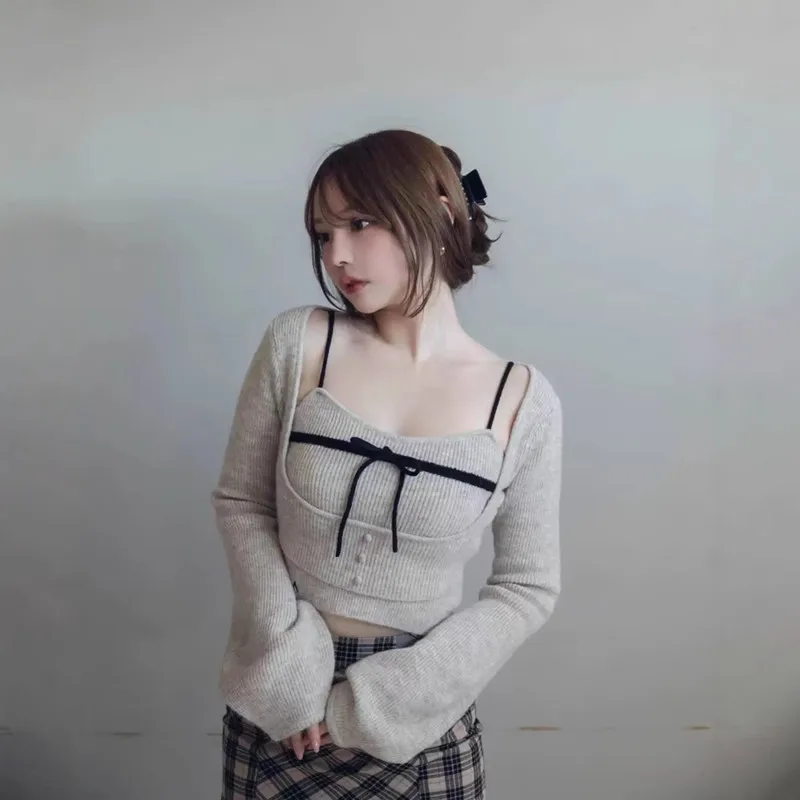 섹시한 니트 상하의 세트, 순수하고 매력적인 트렌디 핫걸 스타일 여성용 투피스 슈트, 봄 시즌 여성 패션