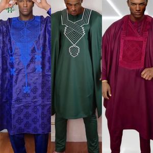 H&D 아프리카 전통 의상 남성용 3피스 의상 바진 리치 아그바다 자수 웨딩 파티 플러스 사이즈 무슬림 남성 의류