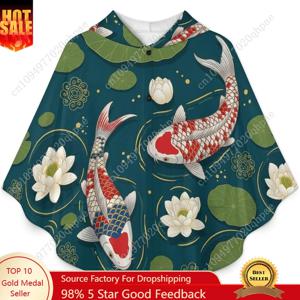 아늑한 플란넬 담요 스웨터, 어린이와 청소년을 위한 주머니가 있는 코이 물고기 꽃 오버사이즈 후드티