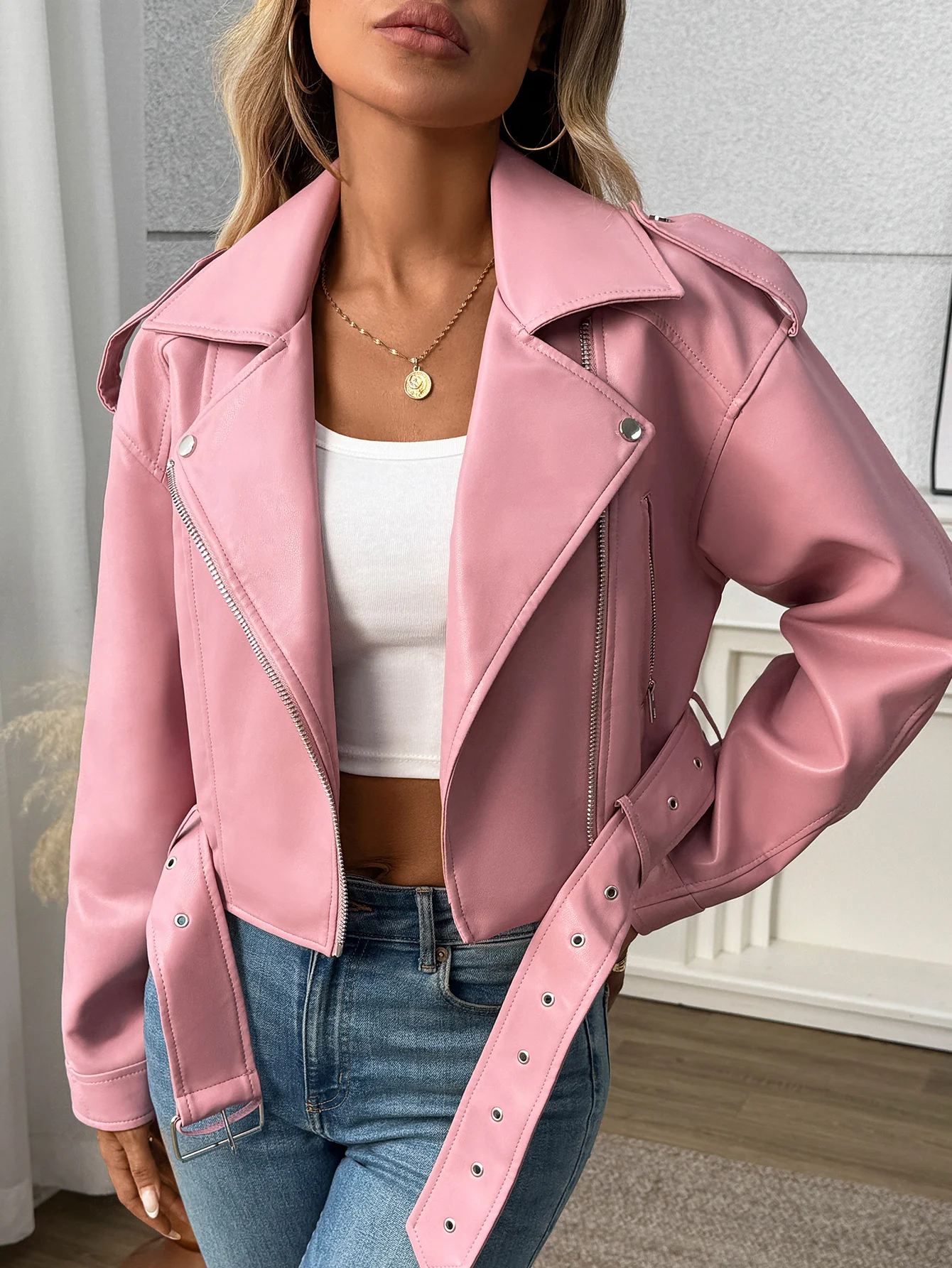 Fitaylor 여성용 인조 가죽 재킷 여성용 라펠 모터사이클 가죽 아우터 캐주얼 핑크 코트