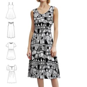 흑백의 기하학적 파도 여성의 우아한 파티 드레스 짧은/긴/소매 없는 옵션이 있는 A라인 드레스 화이트 블랙