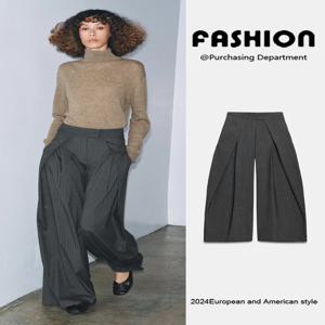 봄 신상 여성 스트레이트 레그 미드웨이스트 스트라이프 플리츠 팬츠 에스닉 무대 의상 바지 패셔너블 여성 청바지