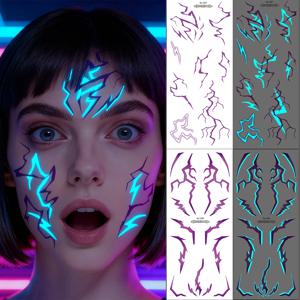 야광 K팝 고딕 여성용 얼굴 임시 타투 2개 - 시원한 블루 퍼플 번개 & 정맥 바디 아트 방수 타투