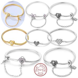 팔찌 오리지널 925 스털링 실버 참 팔찌 골드 하트 나비 안전 체인 팔찌 17-20CM 여성용 주얼리 선물