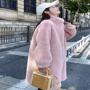 롱퍼 여성용 유럽산 밍크 퍼 친환경 인조 수달털 루즈핏 따뜻한 스탠드 칼라 코트