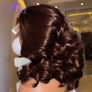 브라운 밥 가발 인모 250% 13x4 바디 웨이브 레이스 프론트 가발 인모 프리 플러킹 프론탈 초콜릿 브라운 숏 밥 가발 웨이브