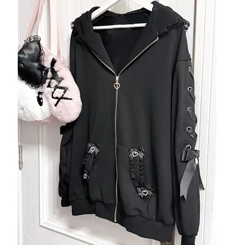 하라주쿠 후드티 자켓 여성 의류 귀여운 토끼 귀 Y2k 코트 Roapa Mujer 캐주얼 패션 붕대 레이스 오버사이즈 스웨트셔츠