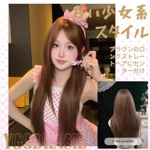 30인치 스위트 스타일 골든 브라운 합성 가발(뱅 포함) 긴 자연스러운 직모 가발 여성용 일상 사용 내열성