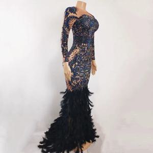 럭셔리 이브닝 파티 캣워크 트레일링 머메이드 드레스, 반짝이는 라인스톤과 깃털 장식, 여성용 스키니 프롬/축하/무대 드레스
