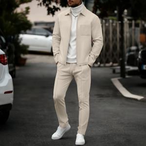 남성용 패셔너블 캐주얼 무지 와플 니트 풀오버 (지퍼 포켓 및 칼라 포함), 고품질 남성용 재킷, 바지 세트