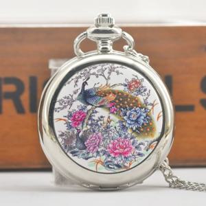 빈티지 청동 스팀펑크 에나멜 공작새 모란 쿼츠 포켓 시계 목걸이 펜던트 시계 체인 남녀 선물