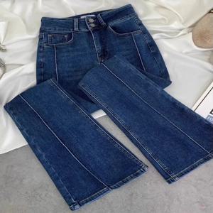 여성 하이웨이스트 워싱 블루 데님 플레어 팬츠 더블 버클 슬림핏 기모 안감 레트로 스타일 봄 가을 겨울 청바지