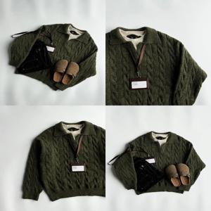 따뜻한 그린 플란넬 니트 스웨터 카라 V넥 레저 이너웨어 가을 겨울 청년 남성 캐주얼 스타일 긴팔 상의