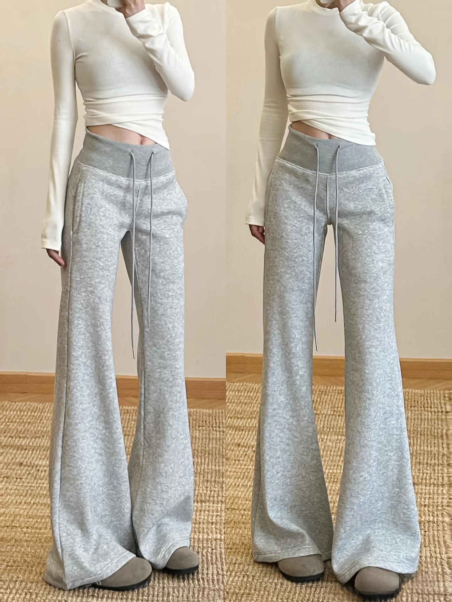 아메리칸 스타일 라이트 그레이 스포티 플레어 팬츠 여성용 루즈 캐주얼 슬리밍 벨 바텀 하이 웨이스트 코튼 니트 바지