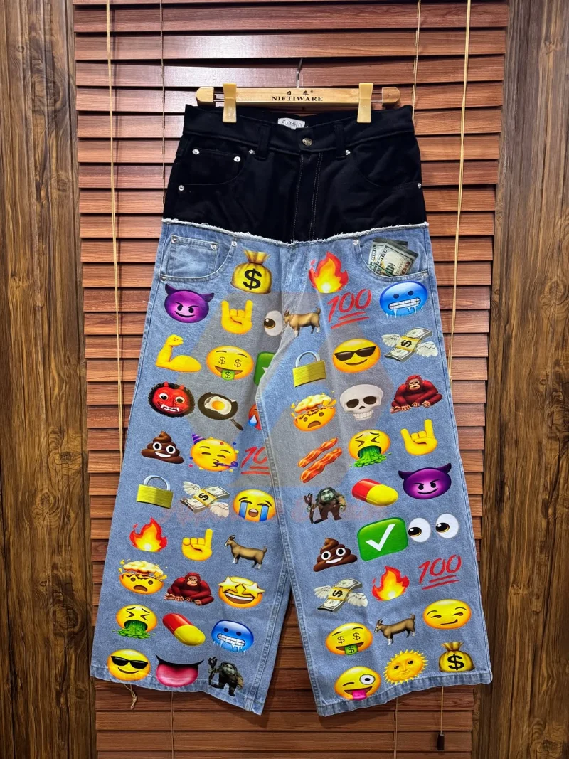 이모티콘 프린트 패치워크 청바지 스트리트웨어 캐주얼 더블 웨이스트 데님 팬츠 Y2K 하라주쿠 남녀공용 루즈핏 트렌디 그래픽 바지