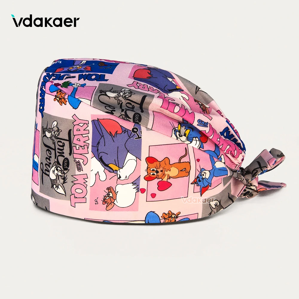 핑크색 만화 프린트 수술모 어린이약국 의사 간호사 작업복 모자