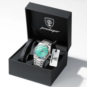 포에다가 패션 커플 시계 방수 스테인리스 스틸 남성 손목시계 야광 날짜 요일 쿼츠 시계 남자친구 선물+선물 상자