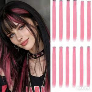 12개입 합성 헤어피스 블랙 헤어 익스텐션 클립형, 컬러 파티 하이라이트 익스텐션 여성용 스트레이트 22인치