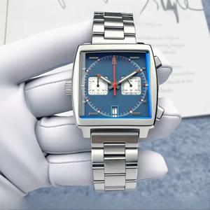 럭셔리 남성용 40mm 쿼츠 크로노그래프 시계 VK63, 904L 스테인레스 스틸 블랙 블루 가죽 사각 손목시계