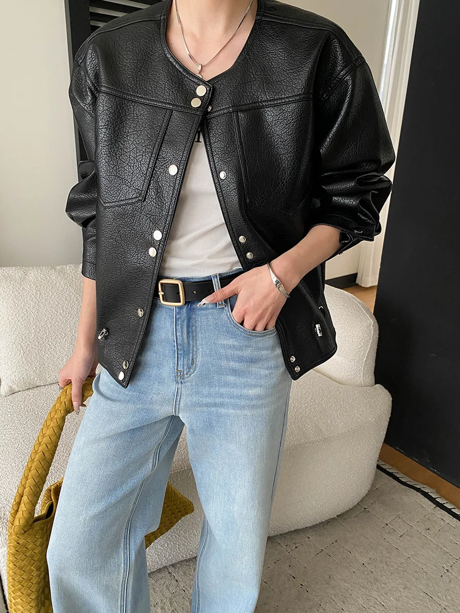 여성용 오토바이 스타일 플레어 허리 조절 가능 PU 가죽 재킷 아우터웨어