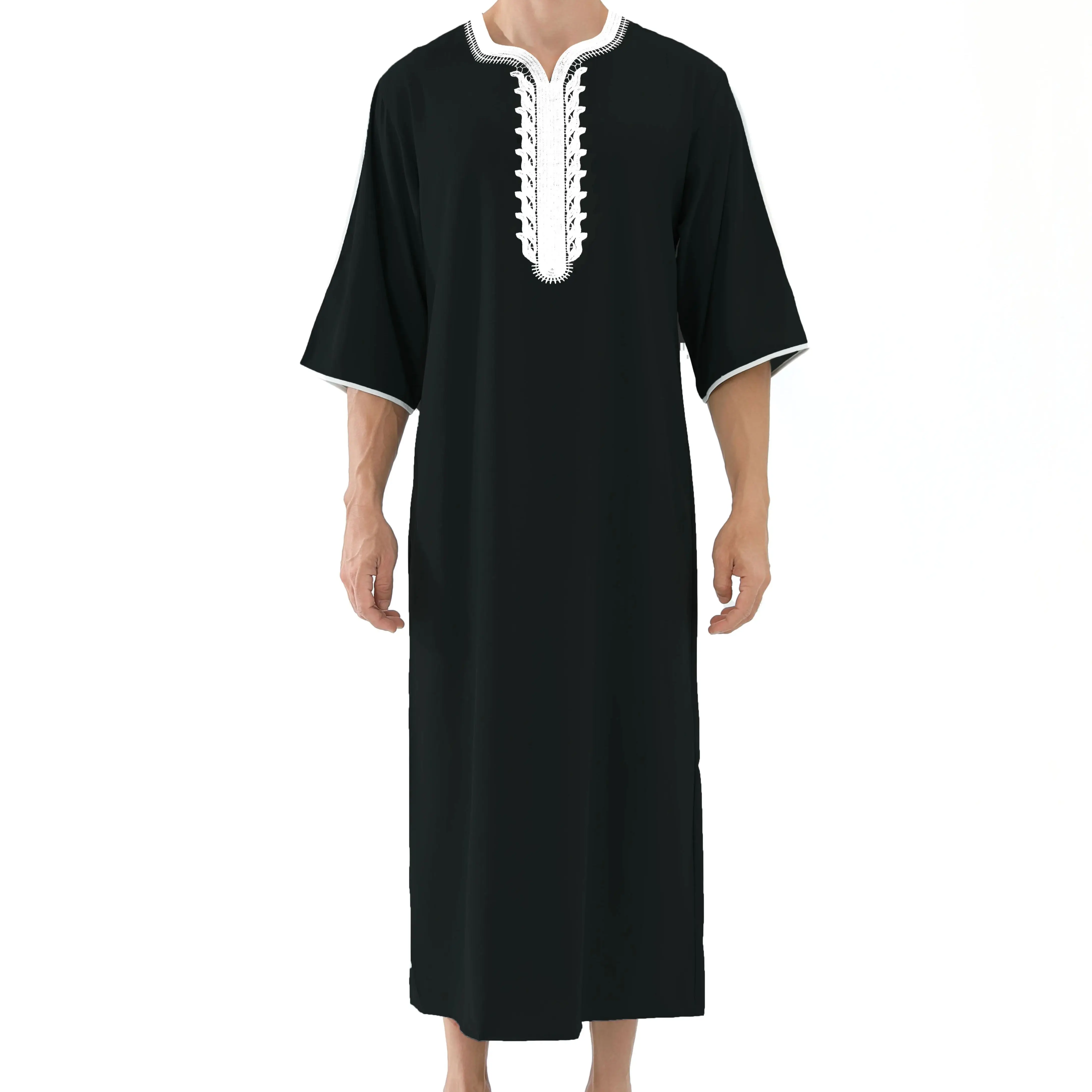 베스트셀러 신상 블랙 루즈핏 캐주얼 무슬림 7부 소매 남성 로브, 중동 캐주얼 로브
