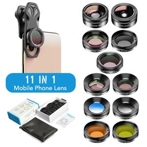 APEXEL 11 in 1 전화 카메라 렌즈 키트 fisheye 와이드 렌즈 풀 컬러 그레이드 필터 CPL ND 스타 필터 for iPhone Xiaomi 모든 스마트 폰