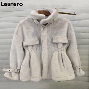Lautaro-여성용 인조 밍크 퍼 코트, 긴팔, 지퍼 졸라매는 끈, 푹신한 재킷, 소프트, 따뜻한, 루즈한, 럭셔리 디자이너, 겨울