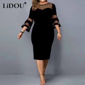 봄 여름 우아한 패션 레이스 패치 워크 플러스 사이즈 드레스 여성 섹시한 메쉬 저녁 파티 Vestidos Solid Bodycon Robe Femme