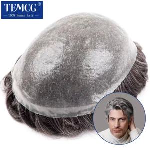 더블 매듭 Toupee 남자 0.06-0.08mm PU 자연 헤어 라인 남자 가발 100% 인간의 머리카락 헤어 시스템 단위 6 