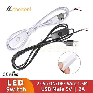 새로운 5V 스위치 전원 공급 장치 와이어 1.5M USB 남성 2 코어 연결 케이블 501 버튼 ON OFF 2A LED 스트립 램프 전구 DIY