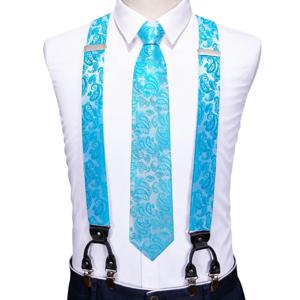 Barry.Wang 청록 실크 남성용 서스펜더 행키 커프스 단추 타이 세트, 조정 가능한 클립온 교정기, 셀프 넥타이, 남성 웨딩 비즈니스