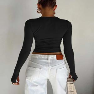 패션 여성 티셔츠 긴 소매 크루 넥 솔리드 슬림 피트 숙녀 자르기 탑 매일 streetwear 여름 camis에 대한 엄지 구멍