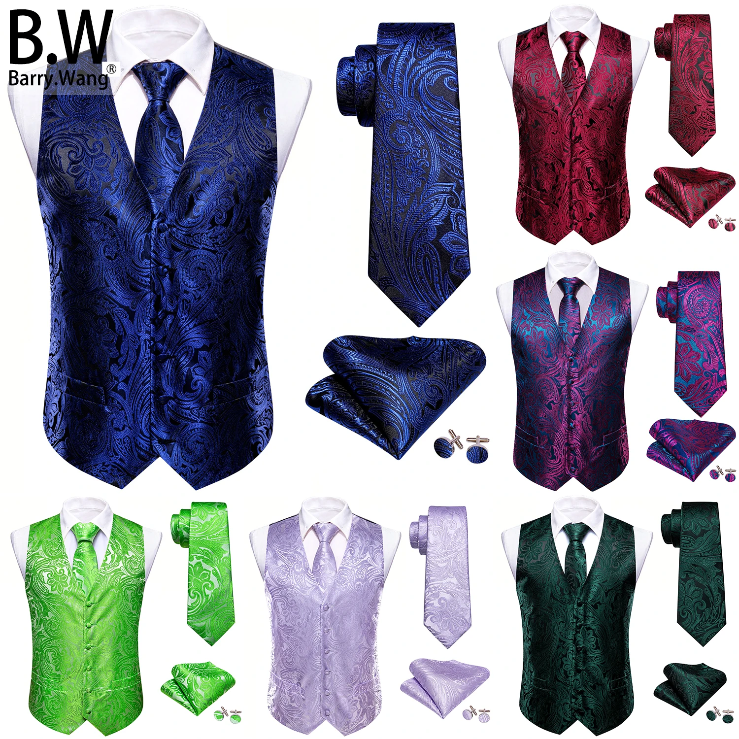 Barry.Wang 실크 남성 조끼 자카드 그린 블루 레드 골드 핑크 양복 조끼 넥타이 Hanky ​​커프스 단추 세트 웨딩 비즈니스 민소매 자켓