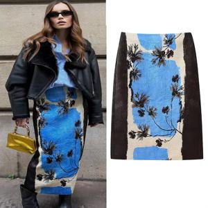 여성 여름 신상 레트로 다용도 휴가 프린트 미디 롱 스커트 지퍼 하이웨이스트 백 벤트 A라인 스트레이트 스커트