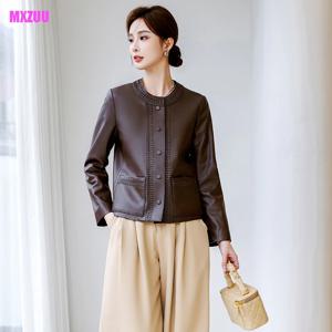 여성용 가죽 재킷, O-넥 우븐 코트, 다크 브라운/카키 탑 레이어, 루즈 숏 슬림 자케타 여성 패션, 가을 겨울