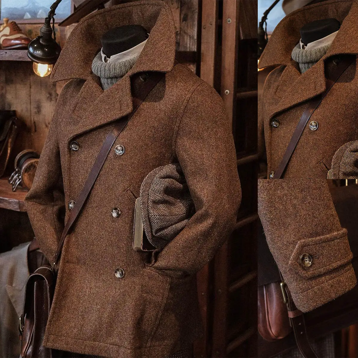 남성용 울 혼방 오버코트 롱 슈트, 더블 브레스트 턱시도 재킷, 트위드 비즈니스 웨어