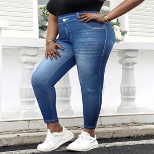 플러스 사이즈 여성용 이미테이션 진 레깅스 빈티지 워싱 디자인 미드웨이스트 니트 팬츠 신축성 있는 트렌디한 운동복 바지