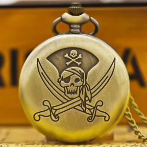 빈티지 청동 대형 해적 해골 조각 목걸이 석영 주머니 시계 남성과 여성 모두를위한 잘 생긴 선물