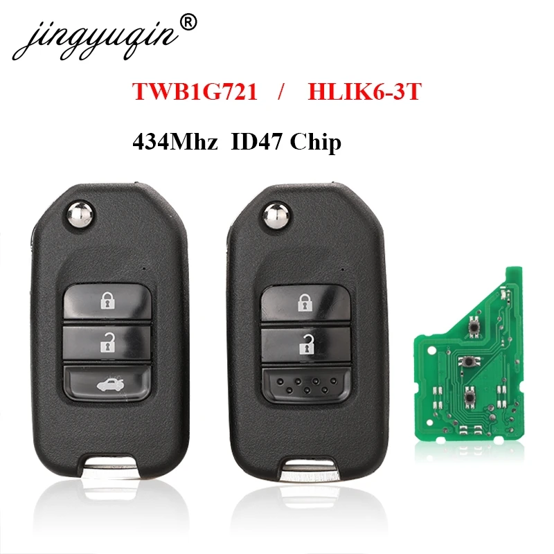 Jingyuqin HLIK6-3T TWB1G721 혼다 시빅 어코드 시티 CR-V 재즈 XR-V Vezel HR-V FRV A/G 블레이드 2/3B 용 원격 키 434Mhz ID47 칩