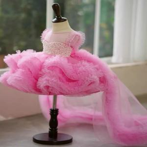 공주 꽃 소녀 원피스 우아한 아기 핑크 진주, 푹신한 얇은 명주 그물, 어린이 결혼식 생일 볼 가운, 피아노 연주 원피스